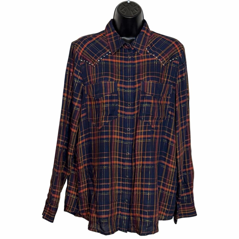 Express Plaid Boyfriend Shirt Womens M Western Snap Button Metallic Blouse Navy
